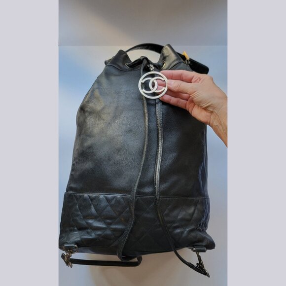 CHANEL X-Large Vintage Drawstring Backpack Black Caviar Leather Quilted bottom - Picture 1 of 14